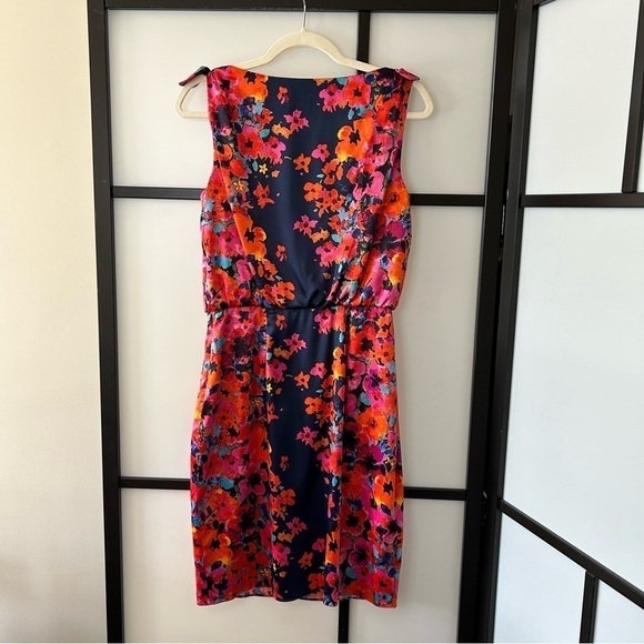 [6] Evan Picone Navy Blue Midi Length Dress with Orange & Pink Floral Pattern - Picture 6 of 10